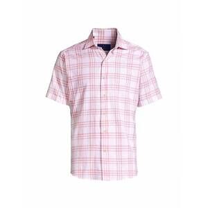 NEW DAVID DONAHUE men's berry textured plaid short sleeve shirt in pink